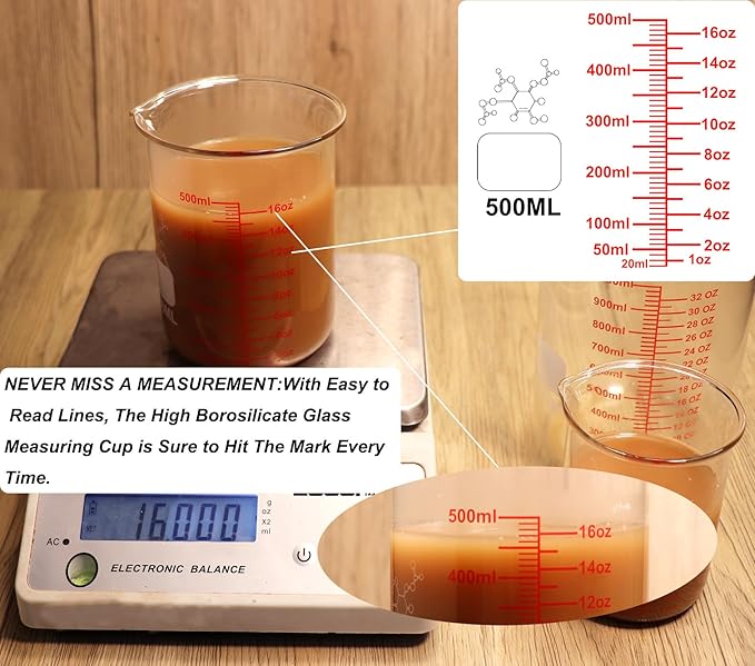 High Borosilicate Glass Measuring Cup-V-Shaped Spout,500ml(16OZ) Glass Measuring Beaker for Kitchen or Restaurant, Easy to Read