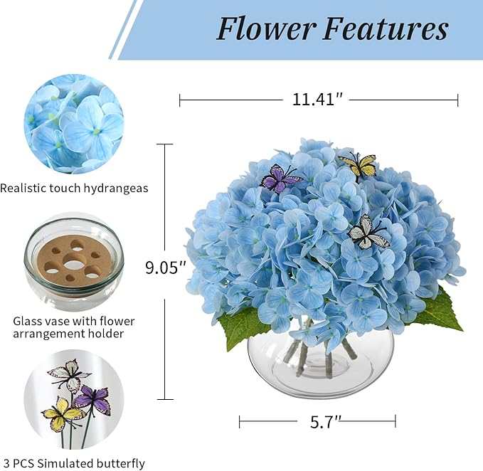 Leftover Hydrangea Artificial Flowers with Vase,Blue Real Touch Hydrangea Flowers with Butterfly,Faux Hydrangea Flowers for Floral Centerpieces for Tables,Home Decor,Wedding Decor,Coffee Table Decor