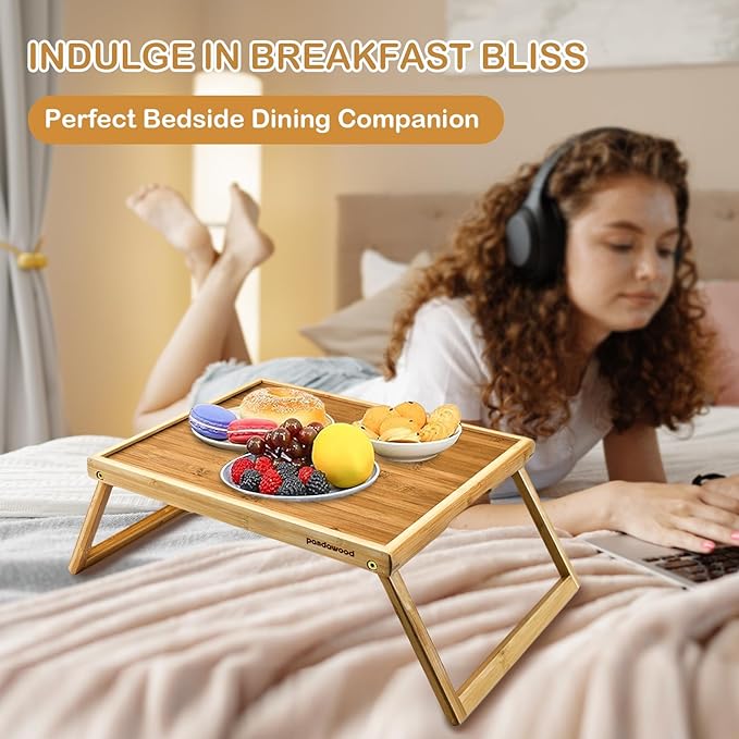 Bamboo Breakfast Tray for Bed - Bed Tray Table with Folding Legs for Eating - Foldable Food Tray with Handles - TV Lap Tray for Couch Adults Kids - Portable Bamboo Bed Tray with Legs for Laptop