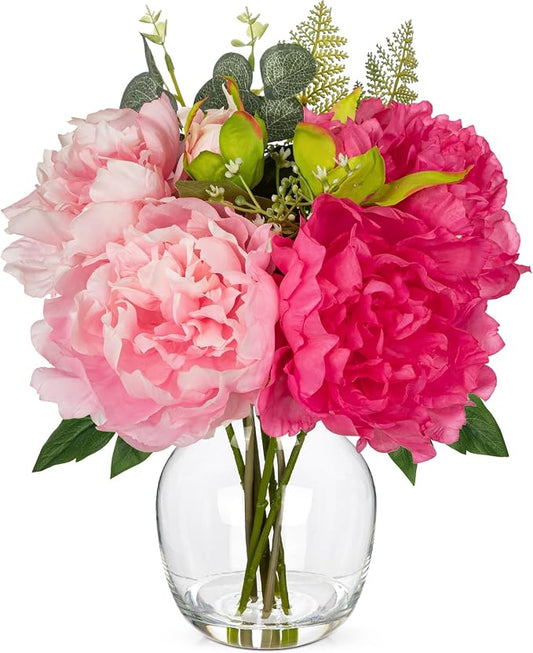 Hollyone Fake Flower Arrangements in Vase Pink Peonies Artificial Flowers Peony Bouquet Silk Floral Flower with Glass Vase with Faux Water for Home Decor Bathroom Coffee Table Centerpiece Decorations