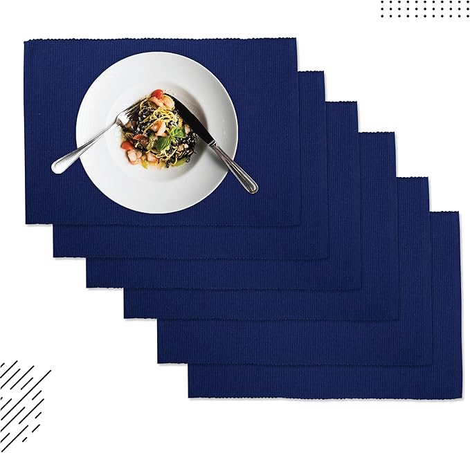 Encasa XO Dining Placemat Set of 6 | Solid Blue Color | Fine Ribbed Cotton Table mat | Size 19x13 in | Machine Washable