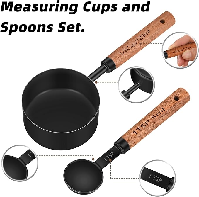 Wooden Handle Measuring Cups & Spoons Set 8-Piece – Stainless Steel, Stackable, Rustic Farmhouse Kitchen Gadgets, Non-Toxic, Dishwasher Safe, Gift for Bakers & New Homeowners