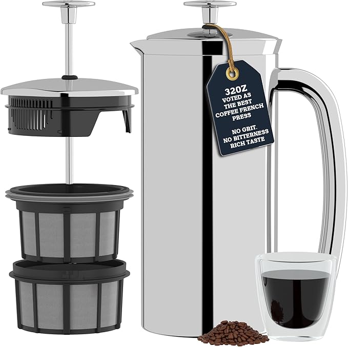 ESPRO Pro P7 French Press Stainless Steel 304 – Patented Double Micro-Filter for Grit-Free Coffee, Double Wall Insulated Coffee Maker, Plastic-Free & Heat Resistant - 18oz