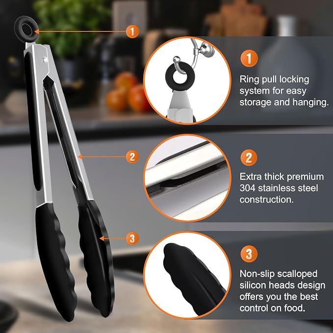 2 Pack Black Premium Stainless Steel Heat Resistant Kitchen Tongs for cooking,set of 9" and 12",Non Scratch Silicone cooking Tong Tip for Cooking Pans,Strong Grip BBQ tongs for Grabbing Hot Food
