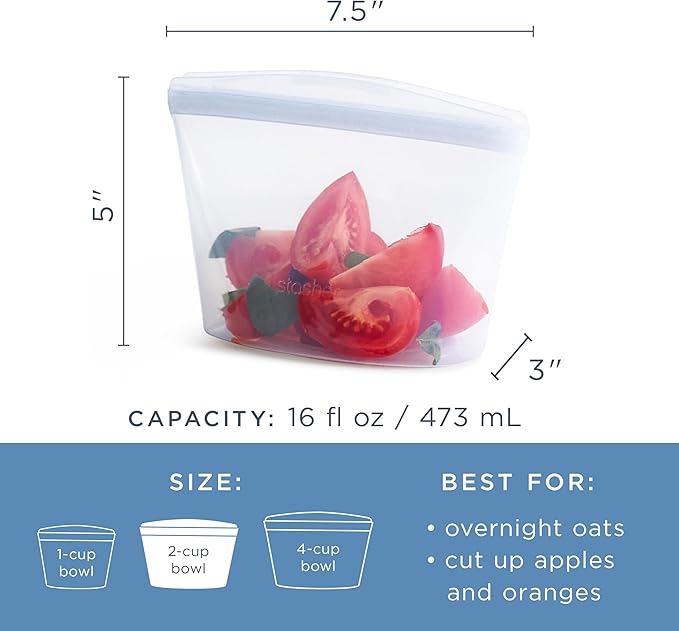 Stasher Silicone Reusable Storage Bag, 2-Cup Bowl, Reusable Freezer Bags, Microwave, Dishwasher, Oven Safe, Sous Vide, Premium Lunch Container, Eco Friendly, Food-safe Silicone Snack Bag, 16 oz, Clear | Reusable Food Bag
