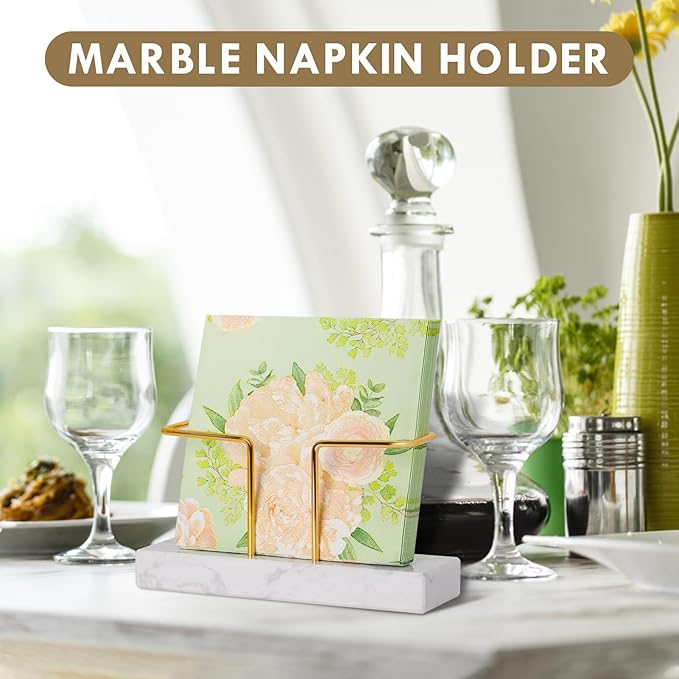 2 Pack Cocktail Napkin Holder for Table,Natural Marble Napkins Holder with Metal Wire,Modern Tissue Paper Dispenser for Dining Table Bar Kitchen (for 5 x 5 inches napkin)