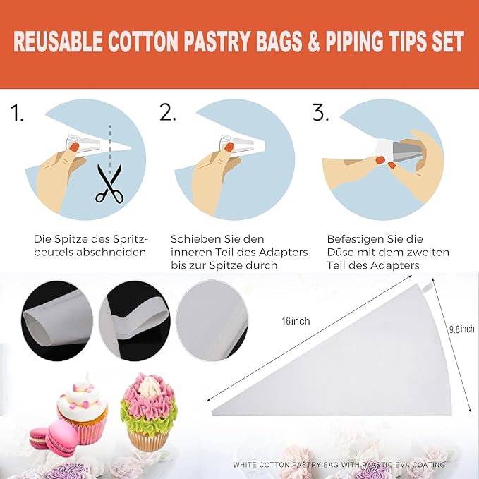 17 Pcs Reusable Piping Bags and Tips Set, Professional Cake Decorating Supplies with Standard Couplers and Silicone Rings, Frosting Baking Tools for Cupcake and Cookie Icing Decoration