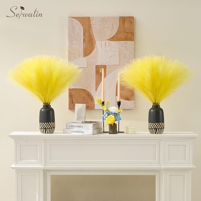 Serwalin 60 PCS Pampas Grass, 17.7" Pampas Grass Decor, Artificial Pampas Grass Bulk Vase Filler Flower Arrangement for Wall Decor Home Wedding Party Decor, Lemon Yellow