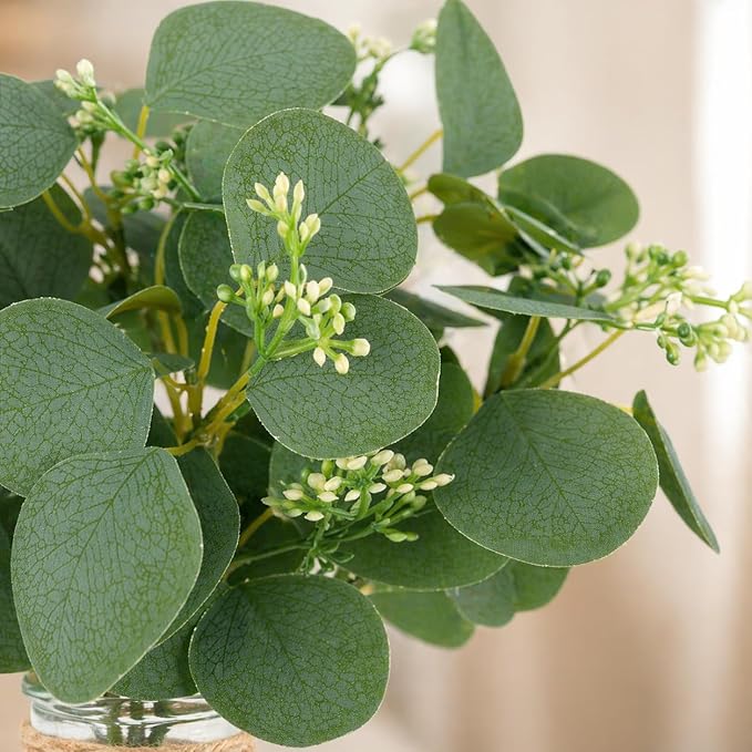 MACTING Artificial Eucalyptus Stems in Glass Vase with Faux Water Stones 14" Artificial Plants Indoor Eucalyptus Leaves for Table Centerpieces Bathroom Kitchen Living Room Shelf Home Decorations