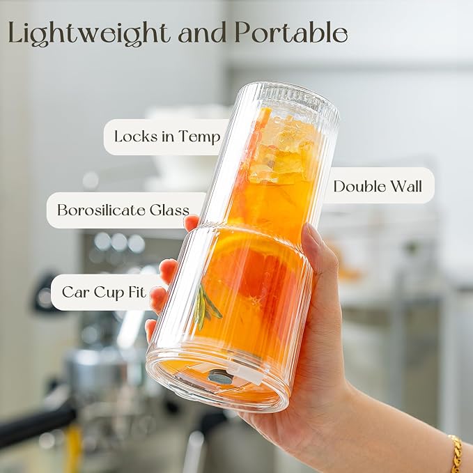 KEMORELA 2PCS 20oz Double Wall Ribbed Glass Cups with Lids and Straws, Insulated Borosilicate Glass Tumblers, Heat-Resistant, leak-proof Design for Iced Coffee, Tea, Juice, Reusable for Home & Parties