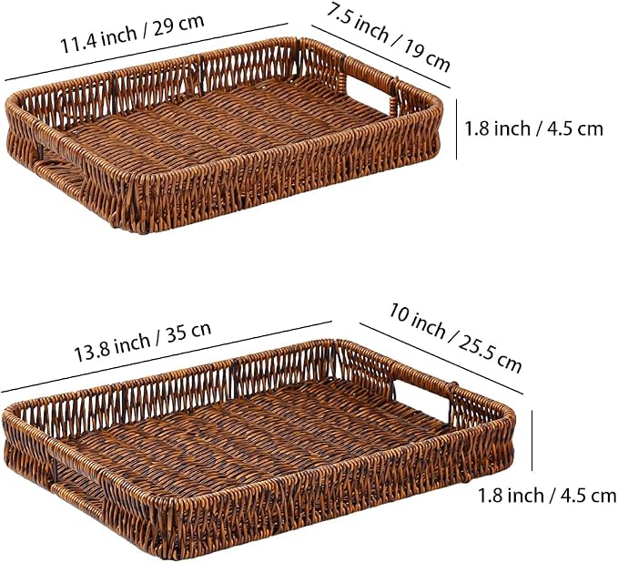 2pcs Rectangular Serving Tray with Handles, Decorative Wicker Organizer Baskets Storage Tray for Coffee Table, Bread, Fruit, Snacks, Centerpiece Decor