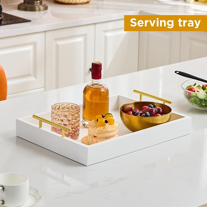 16"x12" Serving Trays with Handles, White Decorative Serving Tray, Ottoman Trays, Living Room, Bathroom, and Outdoors Decorative Trays (White)