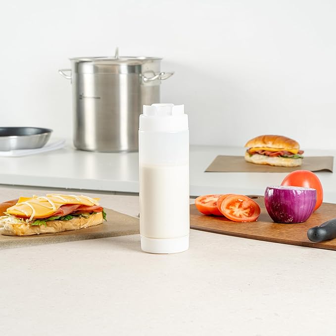 Restaurantware Plastic Squeeze Bottle 20 oz Refillable Condiment Bottle Large Valve Dishwashable Clear Inverted Sauce Dispenser For Thick Condiments, Dressings, Batter, Sour Cream, And Syrups