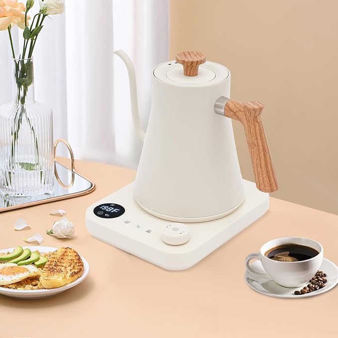 Electric Gooseneck Kettle, 1200W Fast Heat Electric Hot Water Pot with ±1℉ Precise Temperature Control, 304 Stainless Steel Tea Kettle with Long Power Cable, 24H Keep Warm, 30-Min Auto Memory (White)
