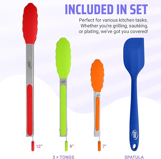 Kaluns Kitchen Tongs for Cooking Grilling Set of 4, BBQ Grill Tongs With Silicone Tip Stainless Steel Heat Resistant, Non-stick Pull Lock, Incl 7, 9, 12 Inch Tong Plus a Silicone Spatula