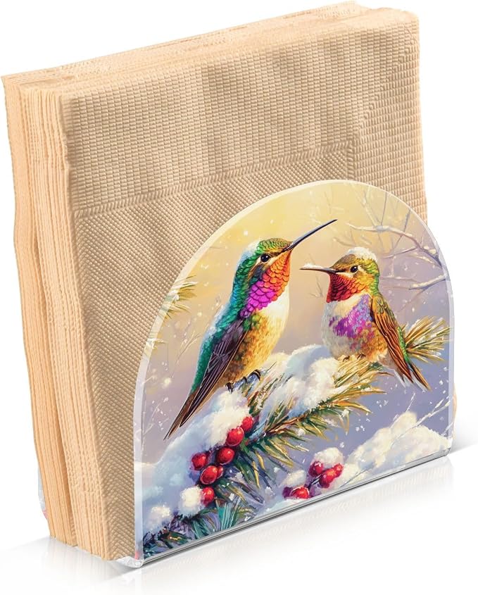 Napkin Holder Acrylic Napkin Holder for Table Kitchen Party Restaurant U Shaped Upright Napkin Dispenser Organizer Winter Hummingbirds and Pine Tree