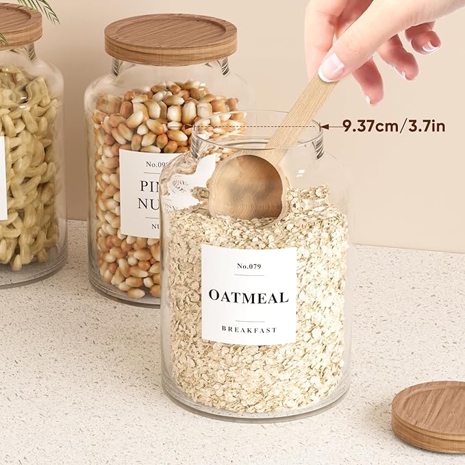 2 PCS Flour Sugar Storage Containers Glass, Large Glass Food Storage Jars with Wood Airtight Lids, 132 Pantry Labels and 2 spoon for Coffee, Flour, Sugar, Spice (98 oz/2800 ml)