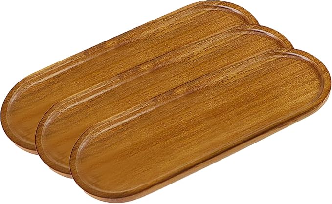 Small Wooden Oval Tray (11.3 x 4.1 inch) 3 Pack | Serving Tray for Coffee Tables, Dessert, Snack, Fruit, Acacia Wood Platter for Vegetable, Decor Restaurant