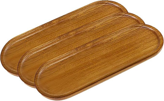 Small Wooden Oval Tray (11.3 x 4.1 inch) 3 Pack | Serving Tray for Coffee Tables, Dessert, Snack, Fruit, Acacia Wood Platter for Vegetable, Decor Restaurant