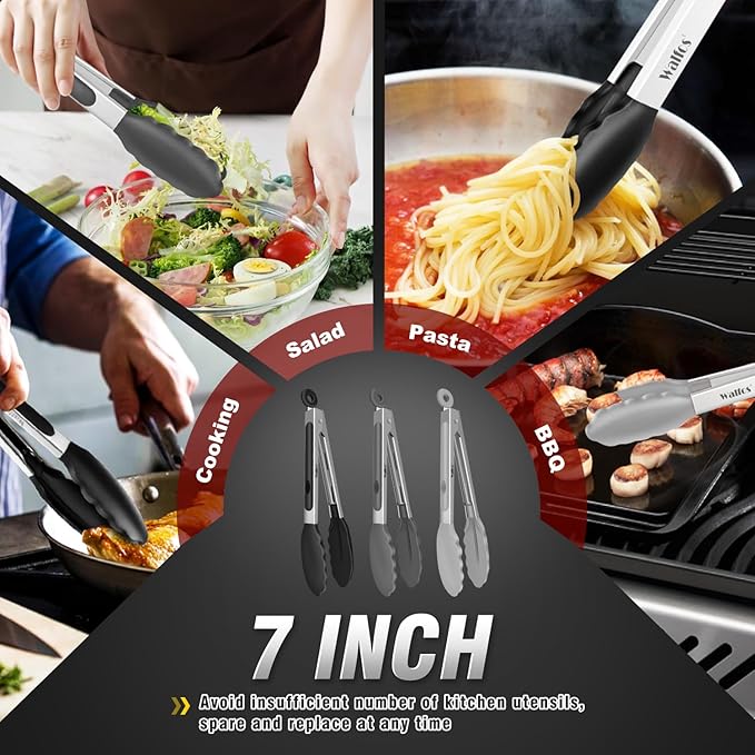 Walfos Small Silicone Tongs for Cooking- 7 inch Mini Kitchen Tongs with Silicone Tips, Great for Cooking, Turning, Serving, Food tongs Set of 3