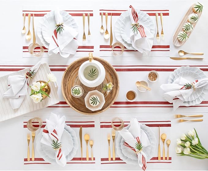 Solino Home Linen Table Runner 90 Inches Long - French Stripe, 100% Pure Linen Red and White Farmhouse Table Runner 16 x 90 Inch Ideal for Dining, Spring, Summer, 4th of July