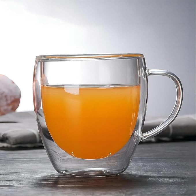Espresso Cups Set Of 2 8 Oz, Double Walled Glass Coffee Mugs with Handle,Insulated Layer Coffee Cups,Clear Borosilicate Glass Mugs,Perfect for Cappuccino,Tea,Latte,Espresso,Hot Beverage,Wine