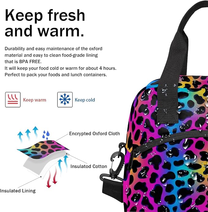 Colorful Leopard Prints Insulated Lunch Bag for Women Men Reusable Lunch Box Cooler Bag Large Leakproof Lunch Tote with Adjustable Shoulder Strap for Adult Work Picnic Camping Beach Office