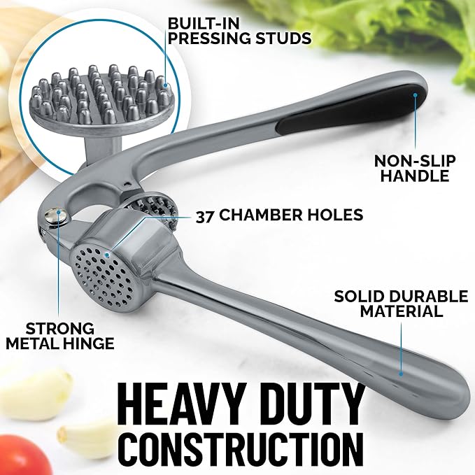 Zulay Kitchen Premium Garlic Press Set - Rust Proof Professional Garlic Mincer Tool - Easy-Squeeze, Easy-Clean with Soft, Ergonomic Handle - Silicone Garlic Peeler & Brush (Slate)