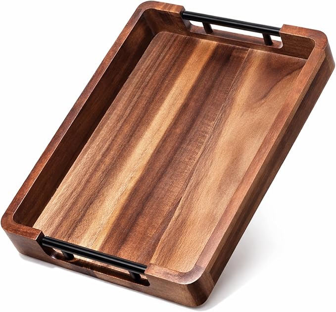 Wood Serving Tray with Handles, 16"x12" Large Acacia Wood Ottoman Tray for Living Room, Rustic Decorative Storage Trays, Decorative Trays for Home Decor, Charcuterie Boards Rectangular Platters