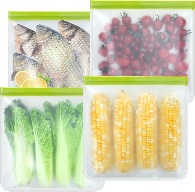 4 Pack Reusable Gallon Freezer Bags,Silicone Bags Reusable Storage Baggies,Food Storage Bags, Leakproof Food Storage Containers for Sandwich Snack Travel Picnic, Work, Home Use