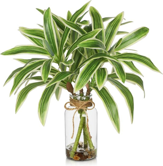 Faux Greenery Stems in Vase Dracaena Aritificial Plant in Glass Vase with Faux Water & Stones 15.7" Small Potted Plants Arrangement Centerpieces for Farmhouse Kitchen Dinner Tables Greenery Decor
