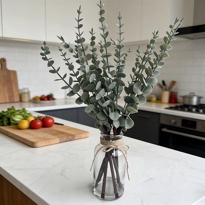 Artificial Eucalyptus Stems in Glass Vase with Faux Water, 17.5" Faux Greenery for Vase,Fake Plants for Bathroom Decor Farmhouse Room Decor Table Decorations Home Decor Wedding (Sage Green)