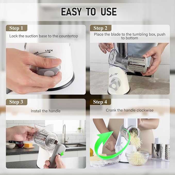 Rotary Cheese Grater Hand Crank Cheese Shredder, Kitchen Mandoline Vegetable Slicer for Fresh Cheese, Vegetable, Nuts, Non-slip Suction Base, 3 Blades