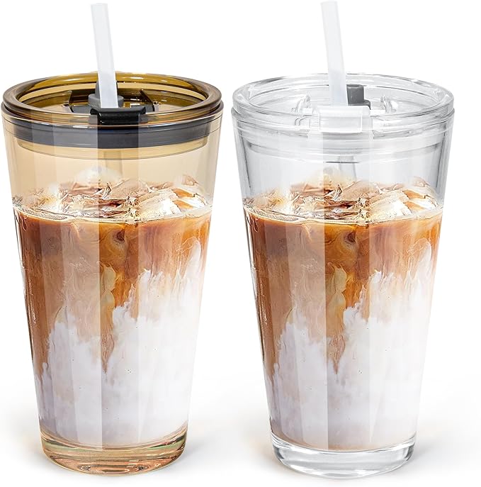 15oz Iced Coffee Glass Cup Set of 2 with Lid Straw Thick Leak Proof Drinking Glasses Tumbler for Gift Cold Drink Smoothie Boba Tea(Amber & Clear)