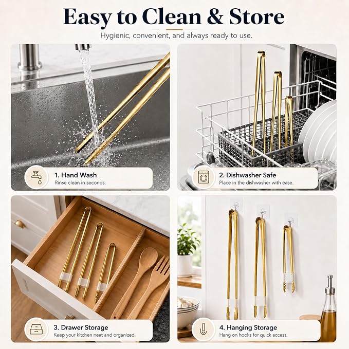 Kitchen Tongs Set of 3 with Storage Case, 304 Stainless Steel Cooking Tongs, 11.5”, 9.5” & 6” Serrated Non-Slip Tips for Grilling, Frying, Salad, Pasta, Ice Cubes (Gold)