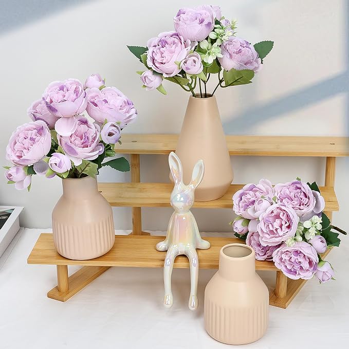 Flower Table Centerpiece - Dining Table Centerpiece Decor Set of 3 Fake Peonies in Ceramic Vases & Wood Tray Modern for Kitchen Island Living Room Coffee Table Home Decor (Light Purple)