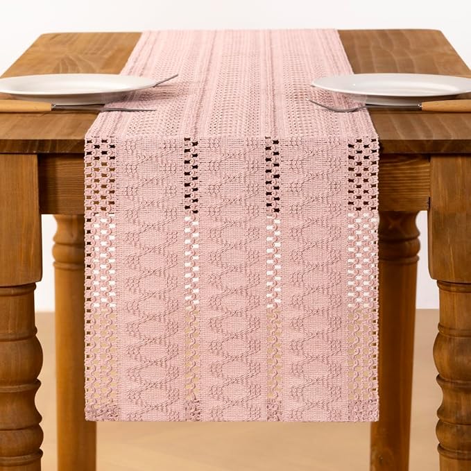 MLMC Pink Boho Table Runner Farmhouse Macrame Woven Table Runner 36 inch Long Rustic Cotton Linen Blend Table Decor for Dinning Kitchen Wedding Bridal Shower Eveyrday Use 12x36 Inch