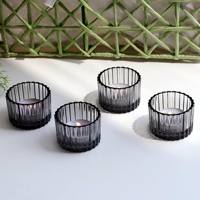 VOHO 24pcs Smokey Grey Tealight Candle Holder for Neutral Room Decor, Ribbed Votive Candle Holders for Table Centerpiece, Glass Tea Light Candle Holders Decoration for Coffee Table, Formal Anniversary