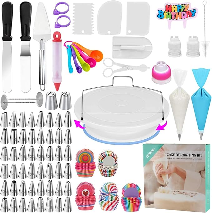 475pcs Complete Cake Decorating Kit, Cake Decorating Tools with Rotating Cake Stand, Cake Leveler, Piping Tips etc. Cake Decorating Supplies Kit for Beginners, Bakers & Hobbyists, Cake Shop (Blue)
