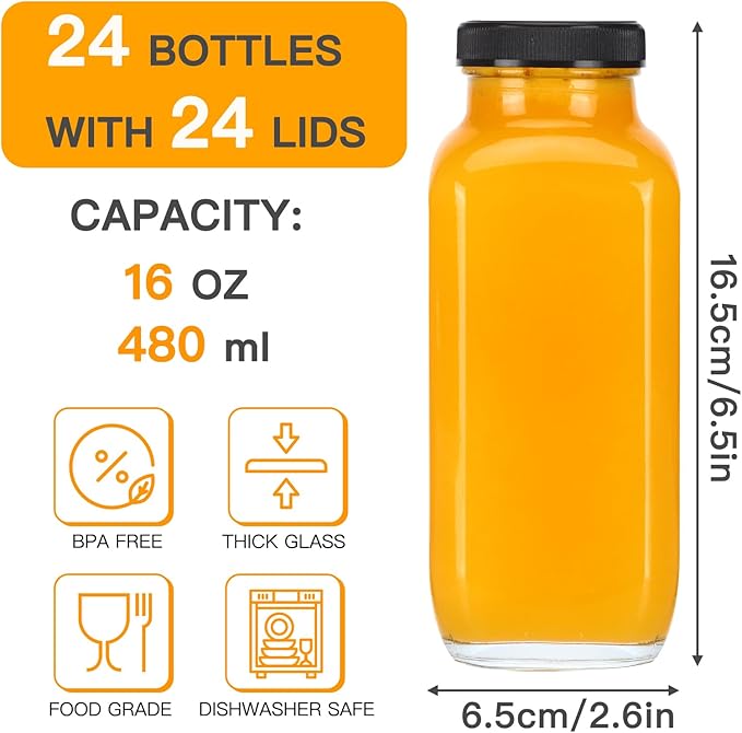 CUCUMI 24pcs 16oz Glass Juice Bottles with Lids, Reusable Vintage Glass Drinking Bottles with Blank Labels, Brush, Straws, Funnel for Storing Tea, Kombucha, Milk