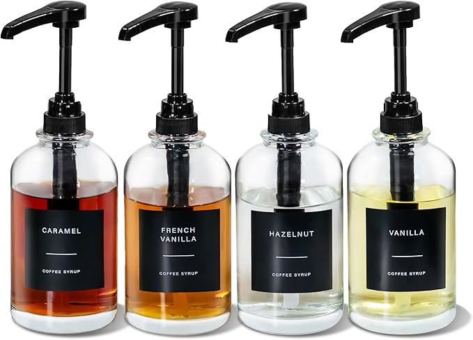 Coffee Syrup Dispenser for Coffee Bar, Glass Syrup Bottle with 1/4 oz Large Capacity Pump, Syrup Pump Dispenser with Pump for Coffee Station, Black,16.9oz, Set of 4