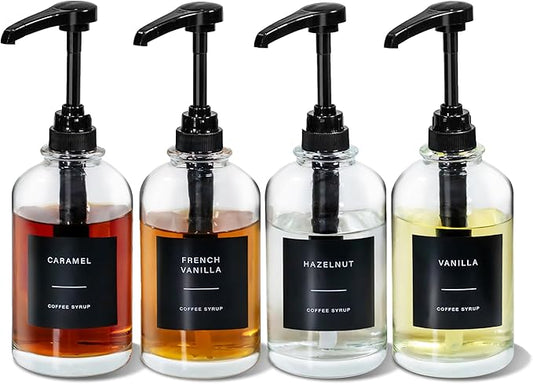 Coffee Syrup Dispenser for Coffee Bar, Glass Syrup Bottle with 1/4 oz Large Capacity Pump, Syrup Pump Dispenser with Pump for Coffee Station, Black,16.9oz, Set of 4