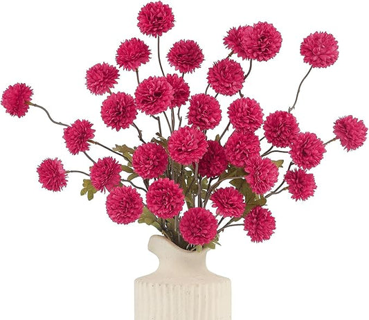 DuHouse 6pcs Artificial Flowers Faux Silk Pompon Mum,Silk Small Mini Chrysanthemum Ball with Stems for DIY Wedding Bouquets Centerpieces Vase Home Table Kitchen Decorations(Hot Pink)