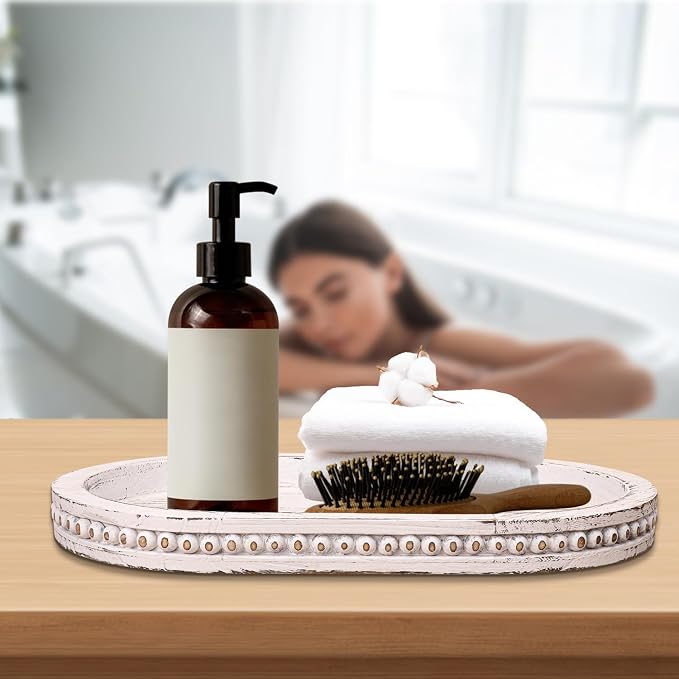 15.15 Inch Decorative Wood Serving Oval Tray - Artistic White Washed Bead Oval Trays, Rustic Wooden Oval Trays for Coffee Table, Living Room, and Dining Room Decor, Organizer
