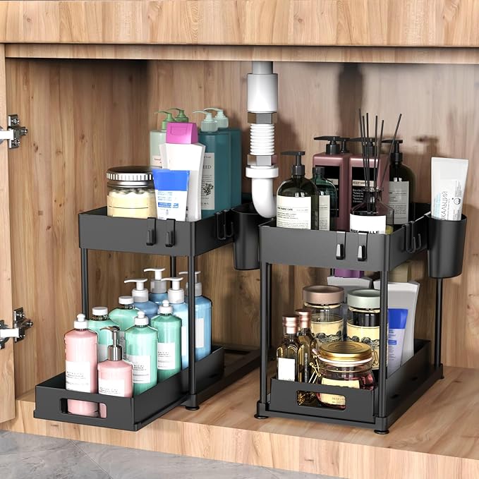 2 Pack Under Sink Organizer with Pull-Out Drawer, 2-Tier Cabinet Storage for Kitchen & Bathroom, Tool-Free Assembly, Fits Cleaning Supplies & Toiletries, Space Saving for Small Cabinets, Black