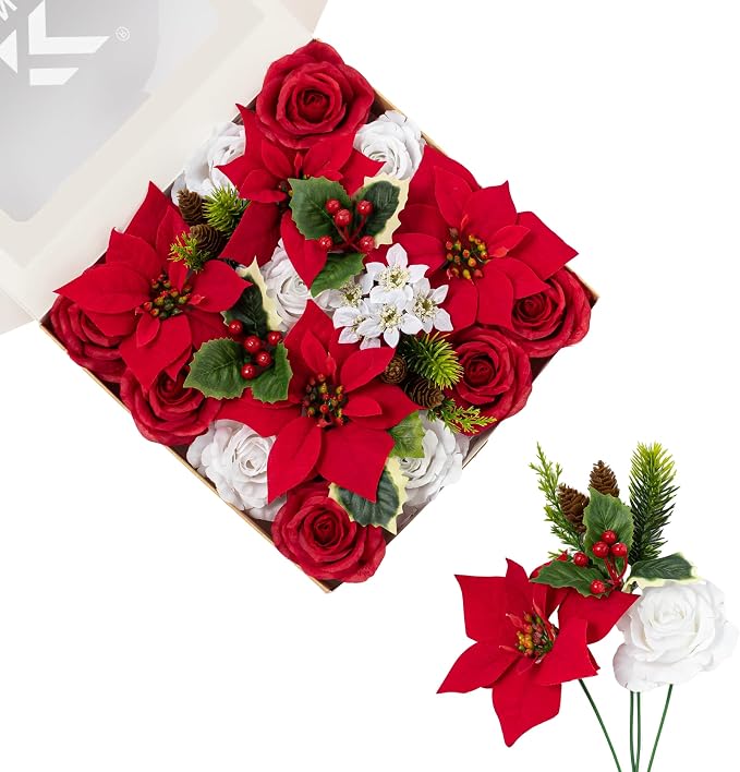 FANKO Artificial Flowers for DIY, Red White Faux Flowers Christmas Style Bouquet, Fake Rose Poinsettias Silk Flowers for Vase, Home Decor, Rustic Wedding, Party, Themed Birthday