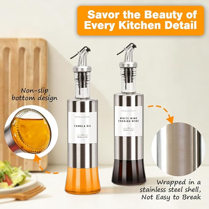 Olive Oil Dispenser Bottles for Kitchen with Bamboo Tray, Oil and Vinegar Dispenser Set, Stainless Steel Glass Dispensers, 300ml - Set of 2