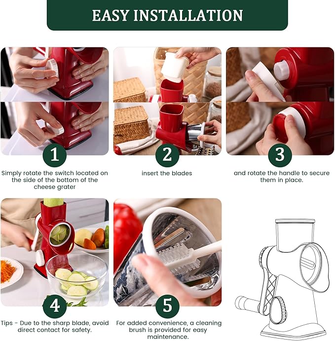 HANSGO Rotary Cheese Grater, Hand Crank Cheese Shredder, 3 Metal Blades & Cleaning Brush, Non-slip Suction Base, Labor-Saving Handle, Kitchen Gadgets for Vegetable, Nuts, Gifts for Women