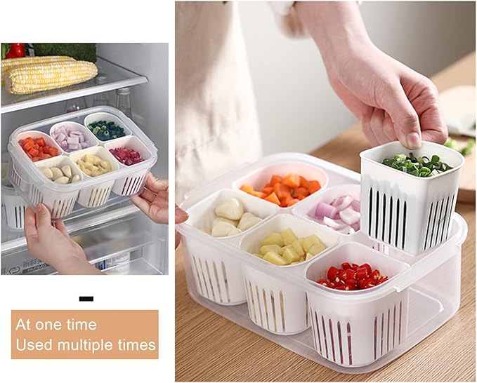Reusable Veggie Tray with Lid, 6-Compartment Divided Snack Box Container & Fridge Organizer, Meal Prep Spice Case, Divided Food Storage Containers, Chilled Condiment Server & Vegetable Organizer