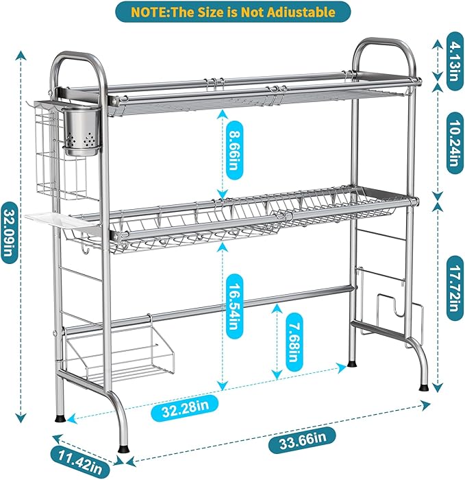 HOWDIA Stainless Steel 2-Tier Over The Sink Dish Drying Rack with Utensil Holder, Large, for Kitchen Counter